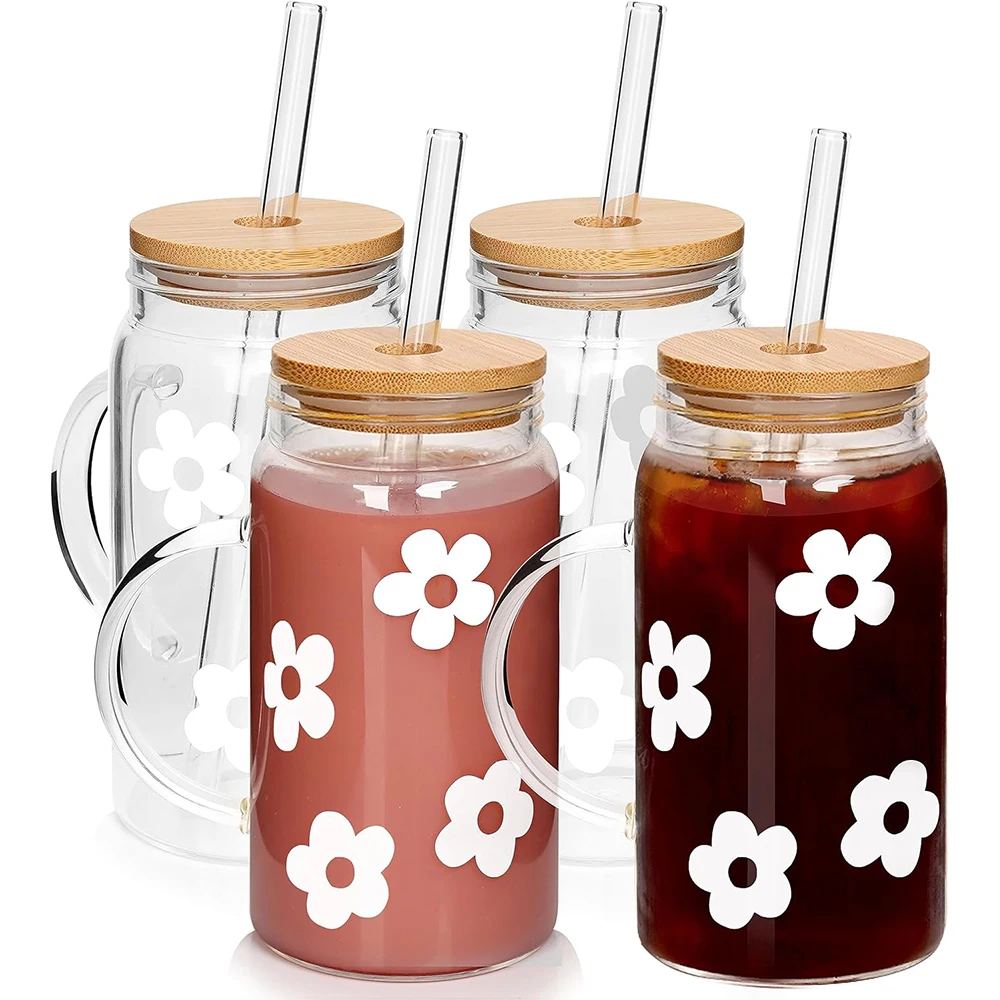 16oz Christmas Mason Jar Cups 16oz Xmas Tumbler Coffee Beer Glasses Mug Cup with Bamboo Lid and Glass Straw