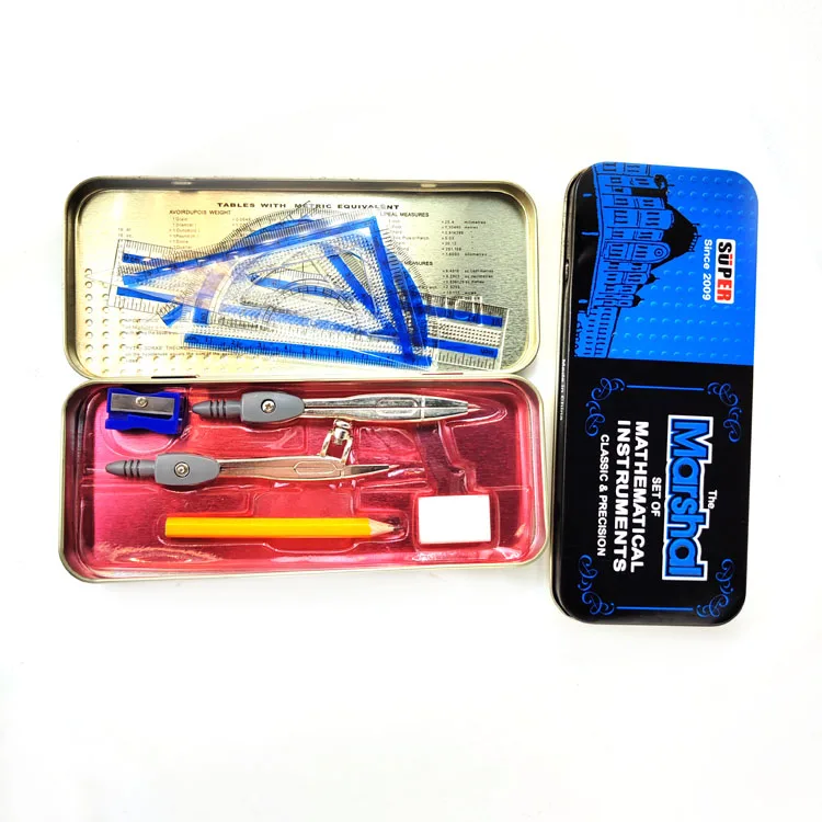 Bulk Cheap Super Quality Marshal Math Set in Tin Box 9pcs Geometry Drawing Tools Kit of Rulers and Compass for School Students