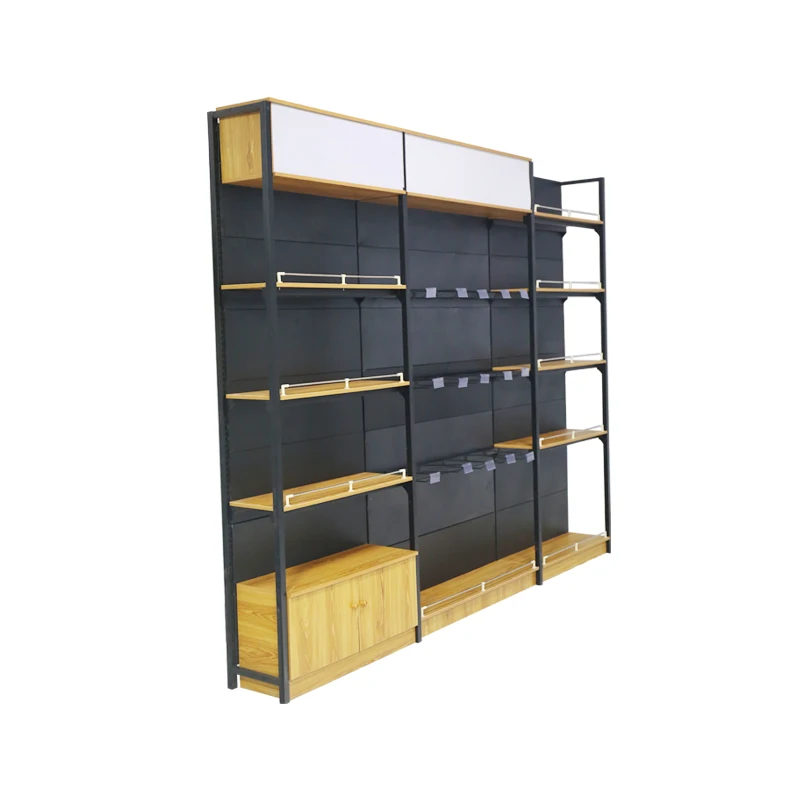 Wooden Gondola Display Shelf Display Rack Products Double Side Gondola Shelving