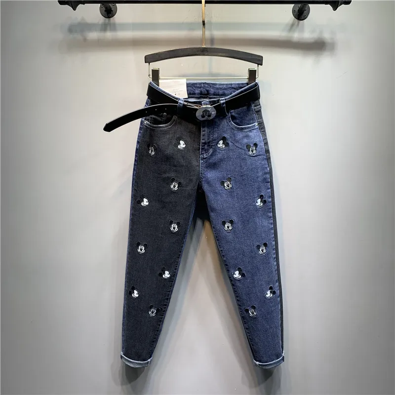 Wholesale High Waist Denim Pants Women stretch Jeans Slim Mickey Embroidery Contrast Color Denim Pencil Pants With Belt