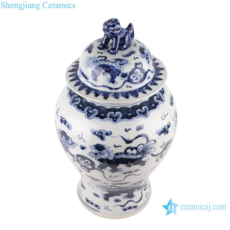 RZKY42 Antique Design Blue and White Porcelain Lion Ceramic General Pot Temple Ginger Jars with lion Head
