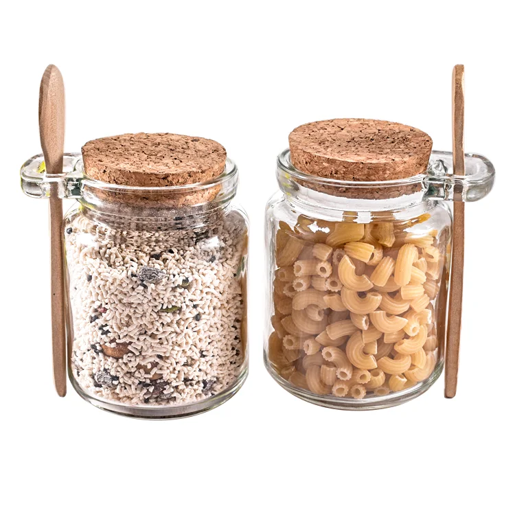 wholesale 250ml clear glass storage jar with a spoon 220ml round cork seasoning box for Kitchen
