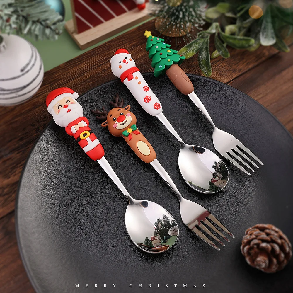 Cute Santa Christmas Tree Souvenir Spoon Christmas Tableware Spoon Stainless Steel Christmas Spoon and Fork Set with Gift Box