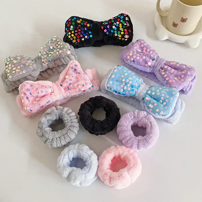 OEM Korean Sequined Bow Hair Ties Wristband Flannel Wide Brim Plush Elastic Hair Bands Women Face Wash Headbands Wrist Band