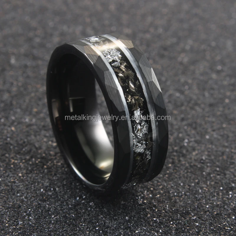 Black/Silver Tungsten ring Crushed Meteorite and Silver Leaf Inlay,Hammered edges,Wedding for Men Women