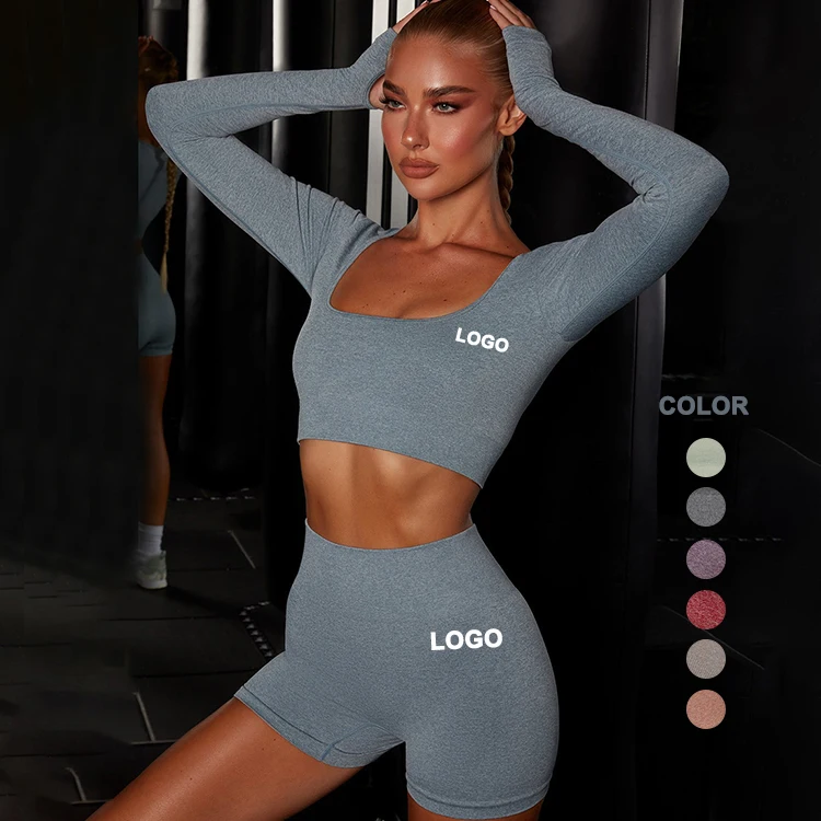 Custom Logo Women Sport Clothes Activewear Gym Wear Seamless Knit Classic Flat Neck Long Sleeve Yoga Ladies Fitness Workout Set