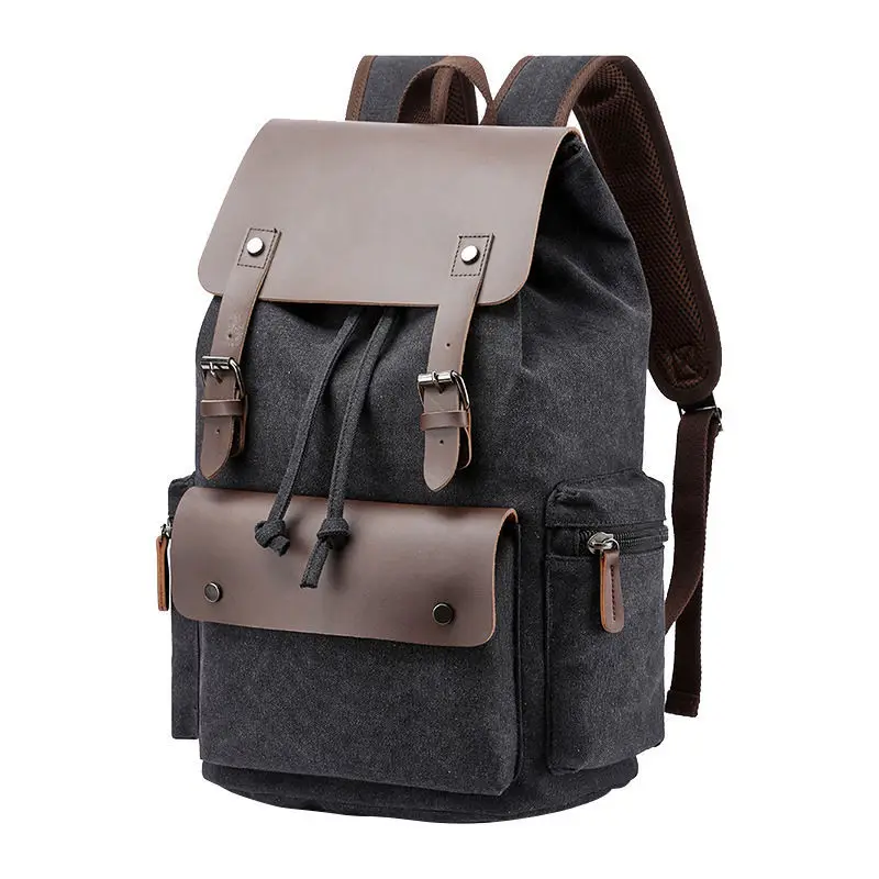 Unisex Vintage Leather Backpack with Anti-theft Feature Denim Canvas Laptop Rucksack with Polyester Lining for Men and Women