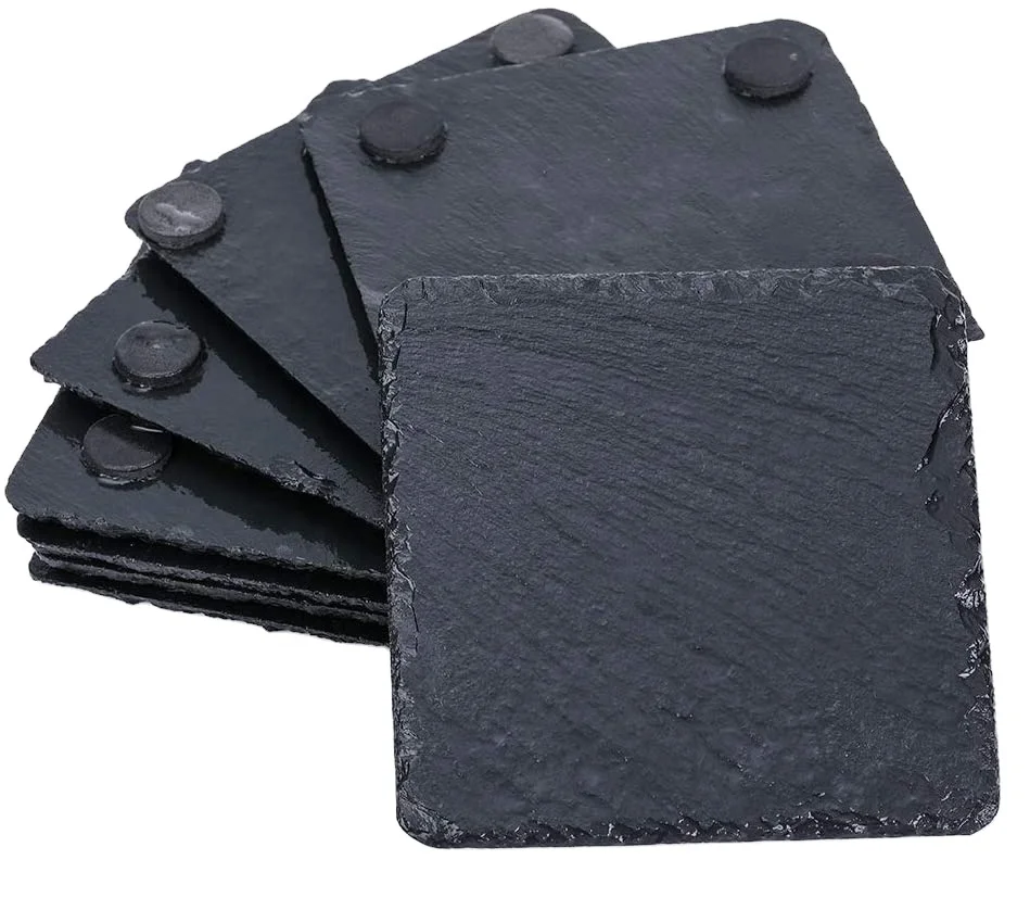 Drink Coaster Set Handmade  Natural Edge  Square   Black  Slate Tray Stone Coaster Suitable For Bar