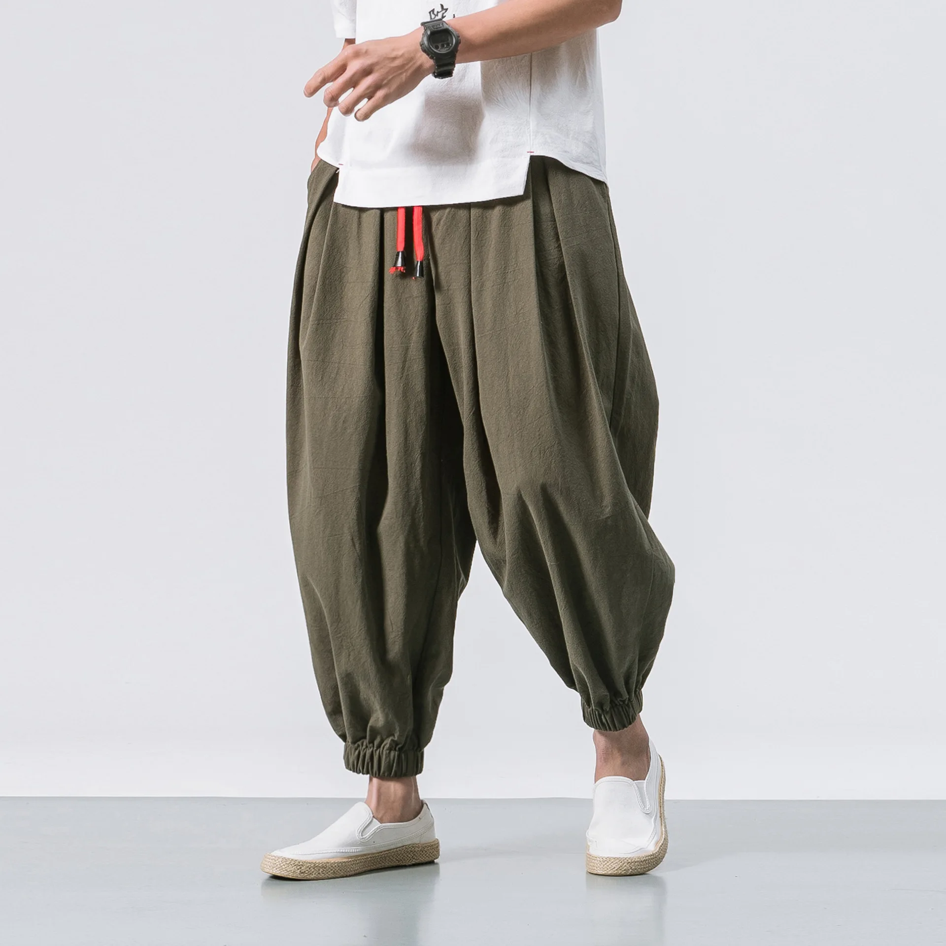 Linen Pants Man Summer Fashion Hip Hop Harem Pants Men Joggers Black Green Drawstring Elastic Waist Baggy Drop Crotch Sweatpants