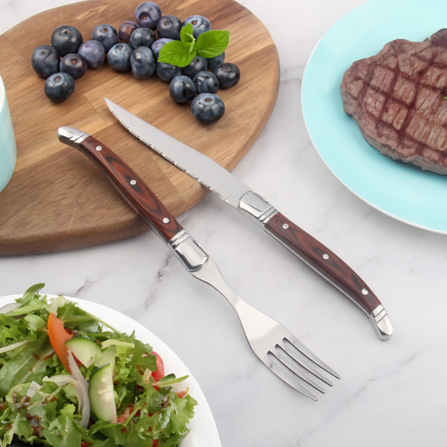 Classic Laguiole Stainless Steel Steak Knife Set And Fork 2 PCS Wooden Handle Flatware Set