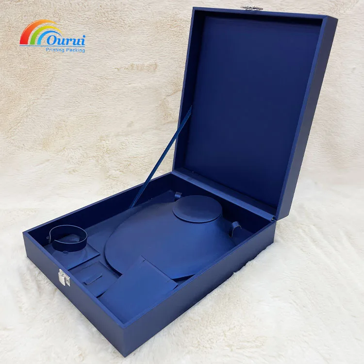 OEM new design luxury high quality brushed leather box hot sale custom logo blue pu leather box ring necklace bangle boxes set