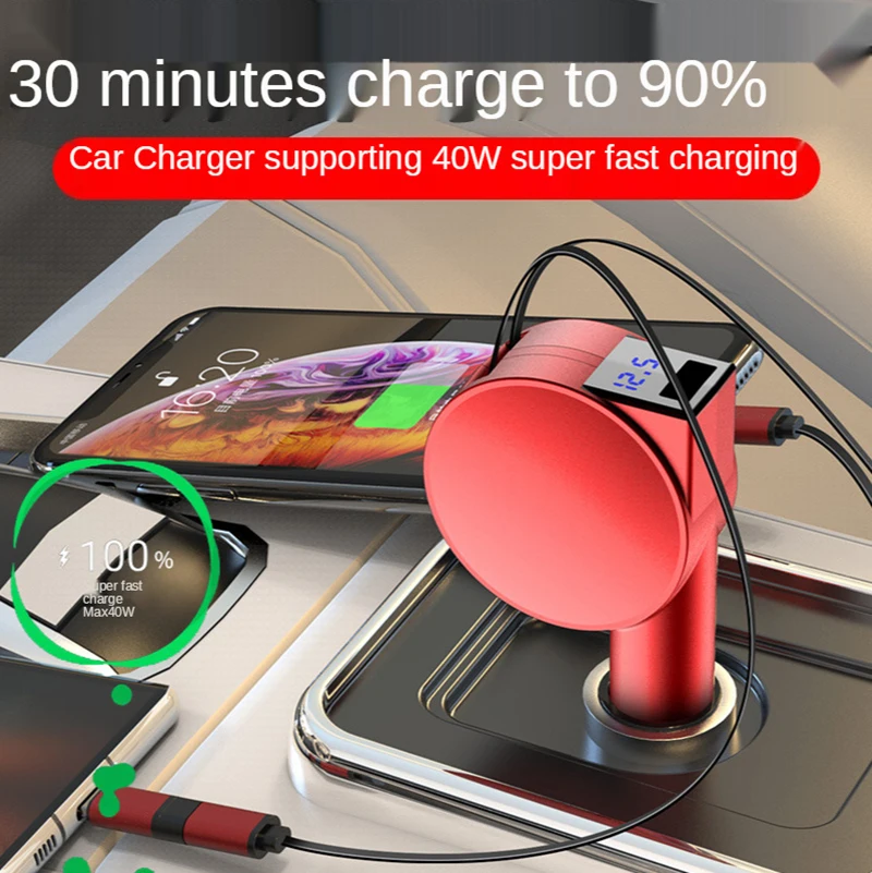 New 60W Super Fast Charging 3-in-1 Car Charger with Telescopic Charging Cables and Adapters For Android IOS Phone