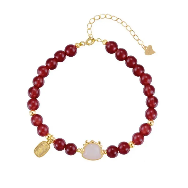 Dainty 925 Sterling Silver 18k Gold Plated Link Chain Fine Jewelry Chinese Zodiac Hetian Jade Dragon Red Agate Bracelet