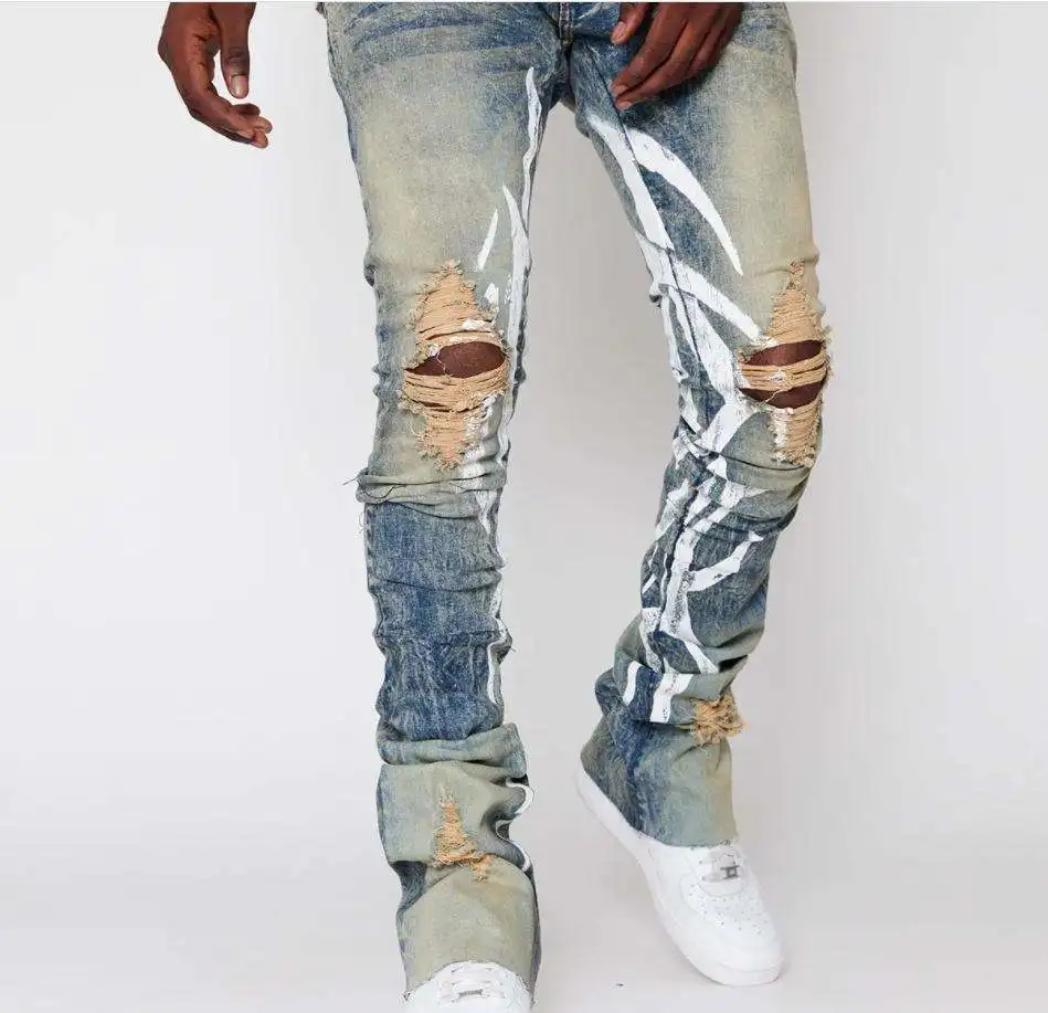 2023 new arrivals new design vintage stacked denim pants wholesale custom slim fit prints ripped stacked jeans men flare jeans