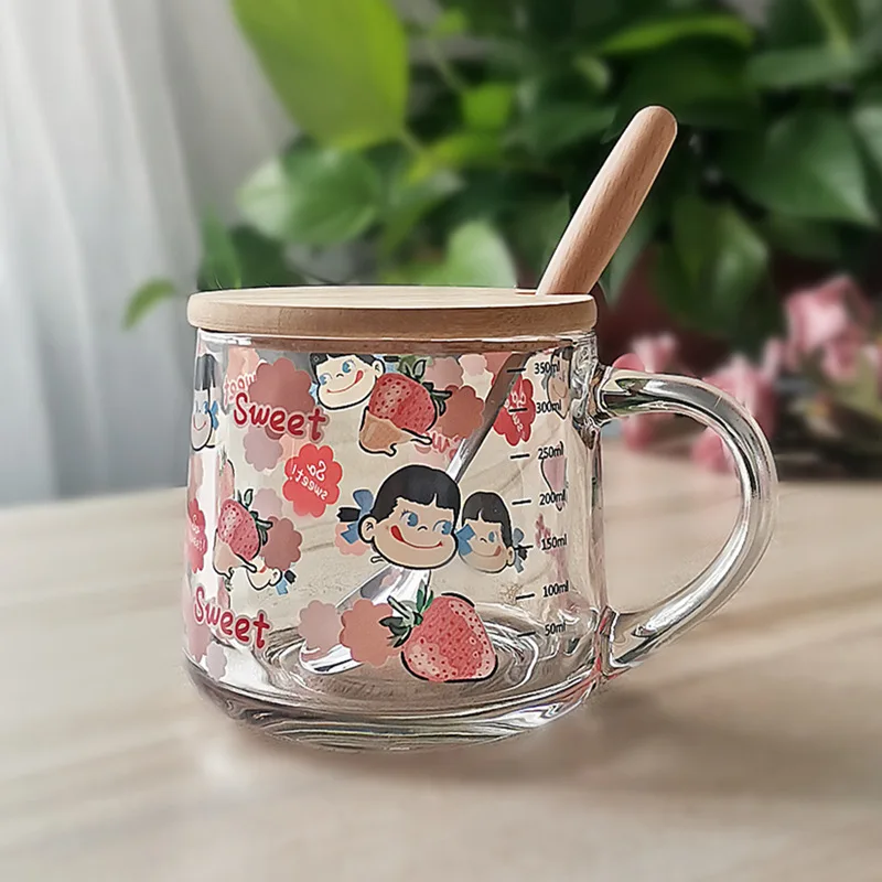 350ml Home use Glass Coffee Cup With Bamboo Wood Lid With Bamboo Wood Spoon Heat Resistant Glass Cup