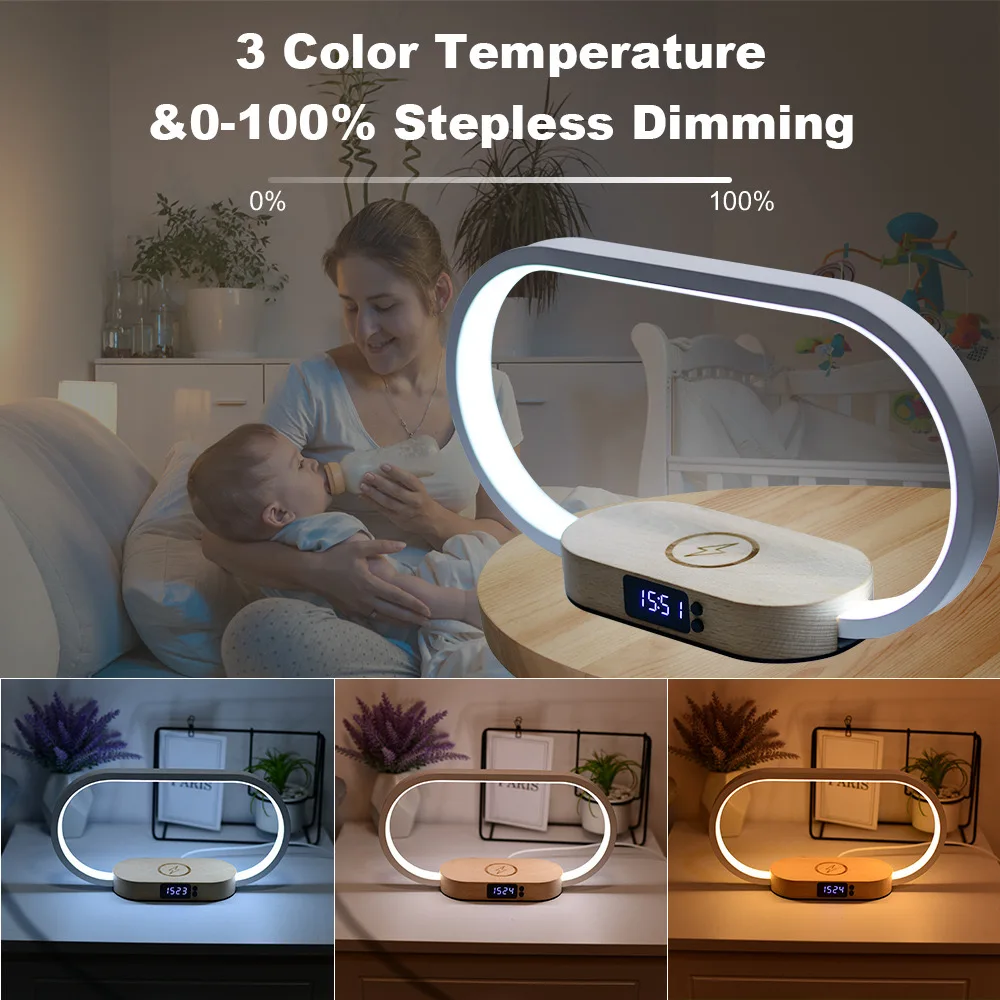 LED Wood Rechargeable Touch Dimmer Wireless Charging Night Clock Table Lamp For Home Decor Gift Party Holiday Wedding Christmas