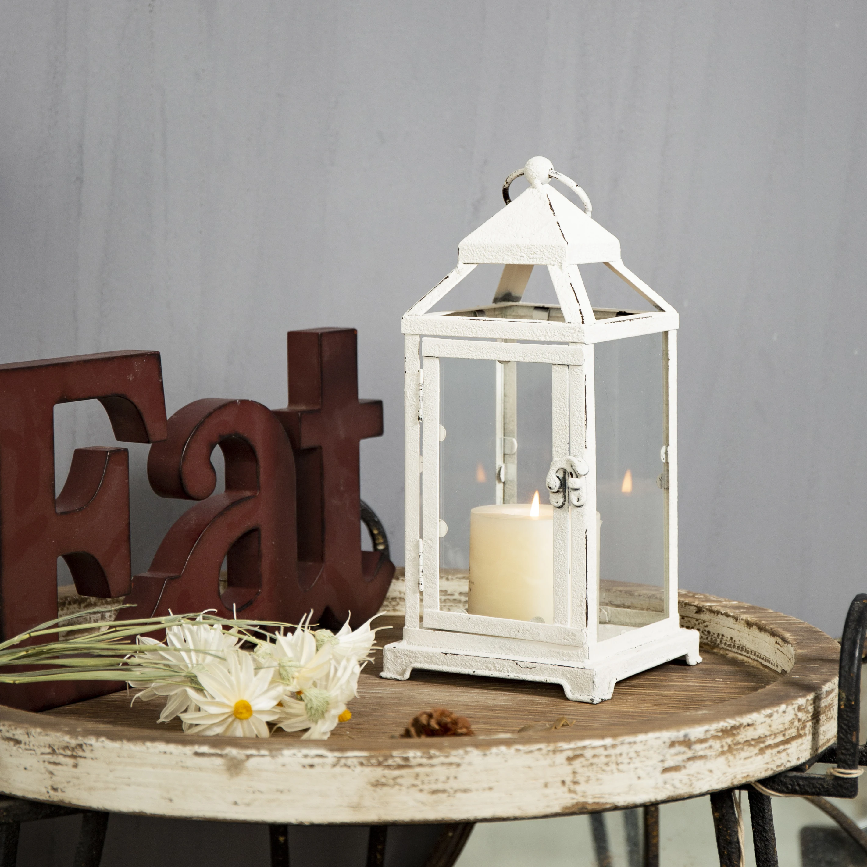 Farmhouse Decor Best Quality Handmade Christmas Ornaments Wedding Decorative White Iron Framed Rustic Metal Candle Lantern