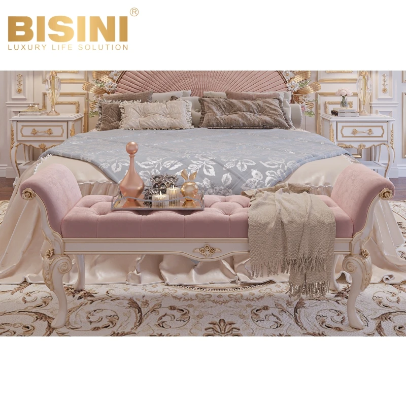 Lovely Italy Baroque Style Villa White and Gold-plated Wood Carved Pink Fabric Bed Foot Stool Bedroom Bed Bench