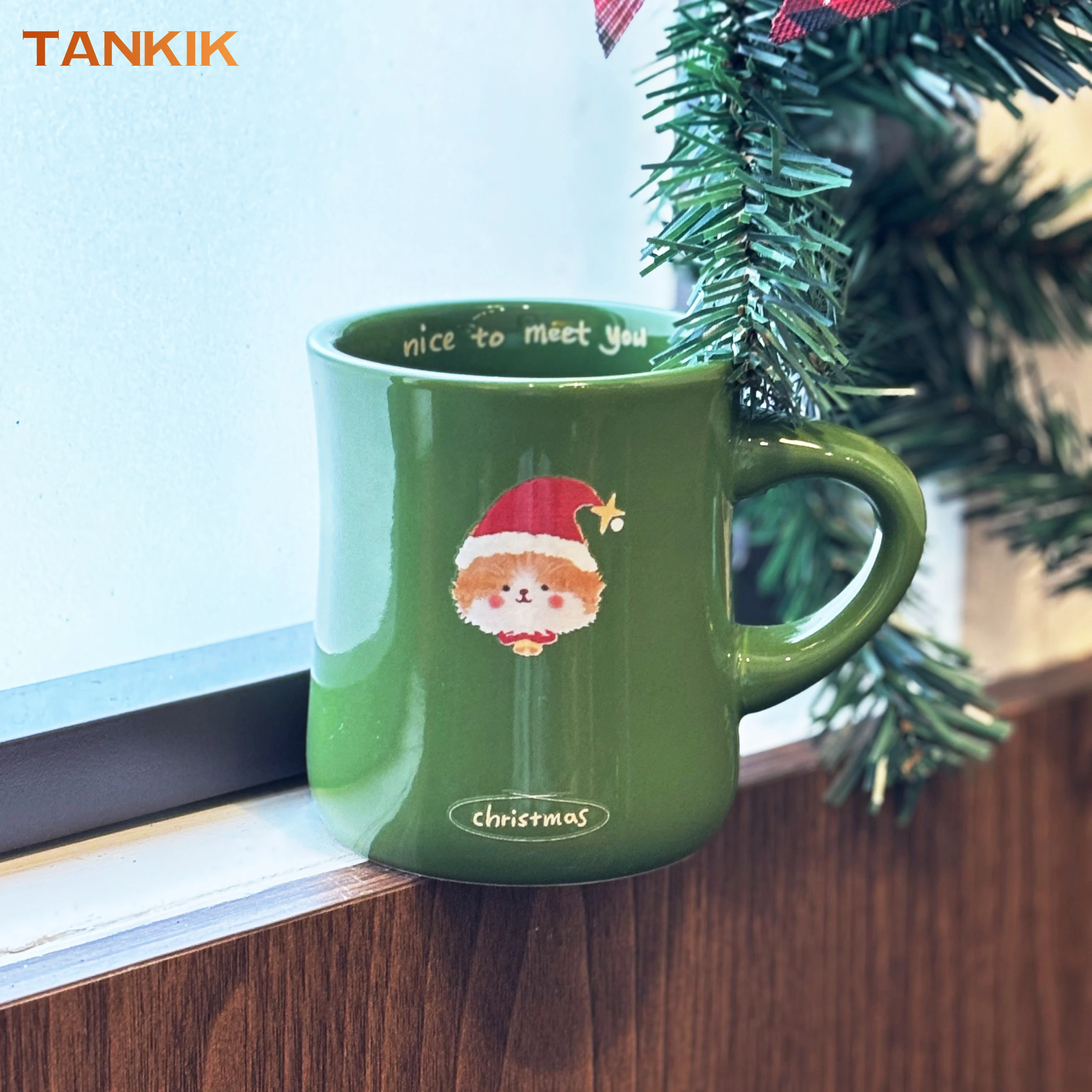 Cute Cat Dog Cartoon Design Wholesale Snow White Lid Golden Big Cute Christmas Red Green Ceramic Mug Gift For Christmas Gift