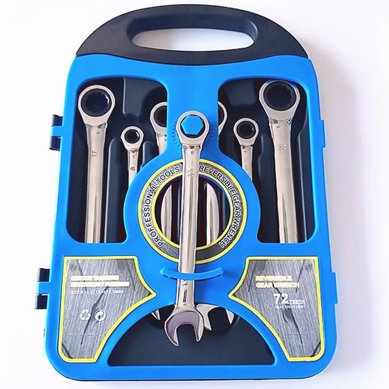 7PCS plastic box CRV72 teeth movable ratchet combination flexible open end wrench set ratchet wrench set