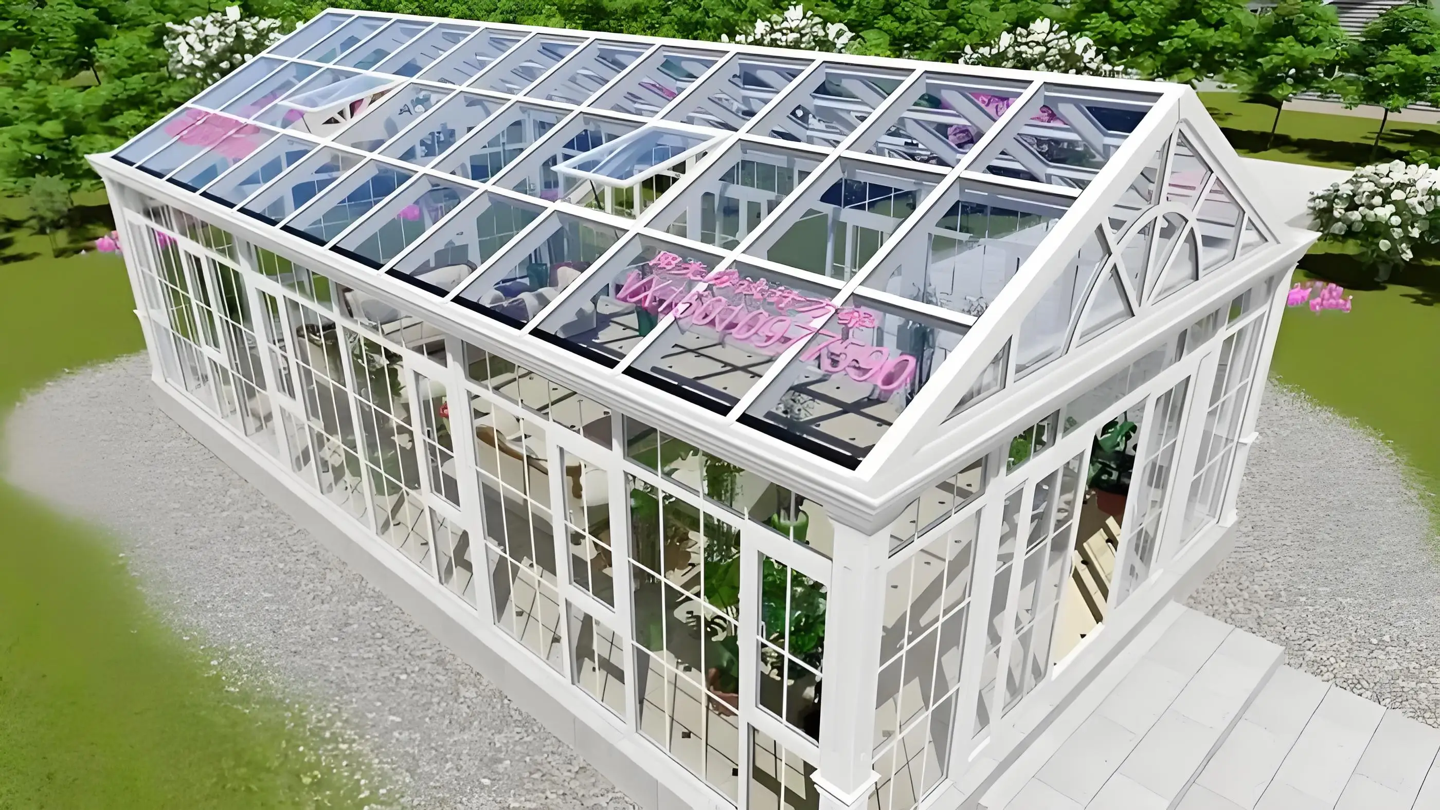 Custom Modern Outdoor Sunroom with Aluminum Frame Tempered Glass Roof Featuring Triangle Flat Slant Polygon Moldings