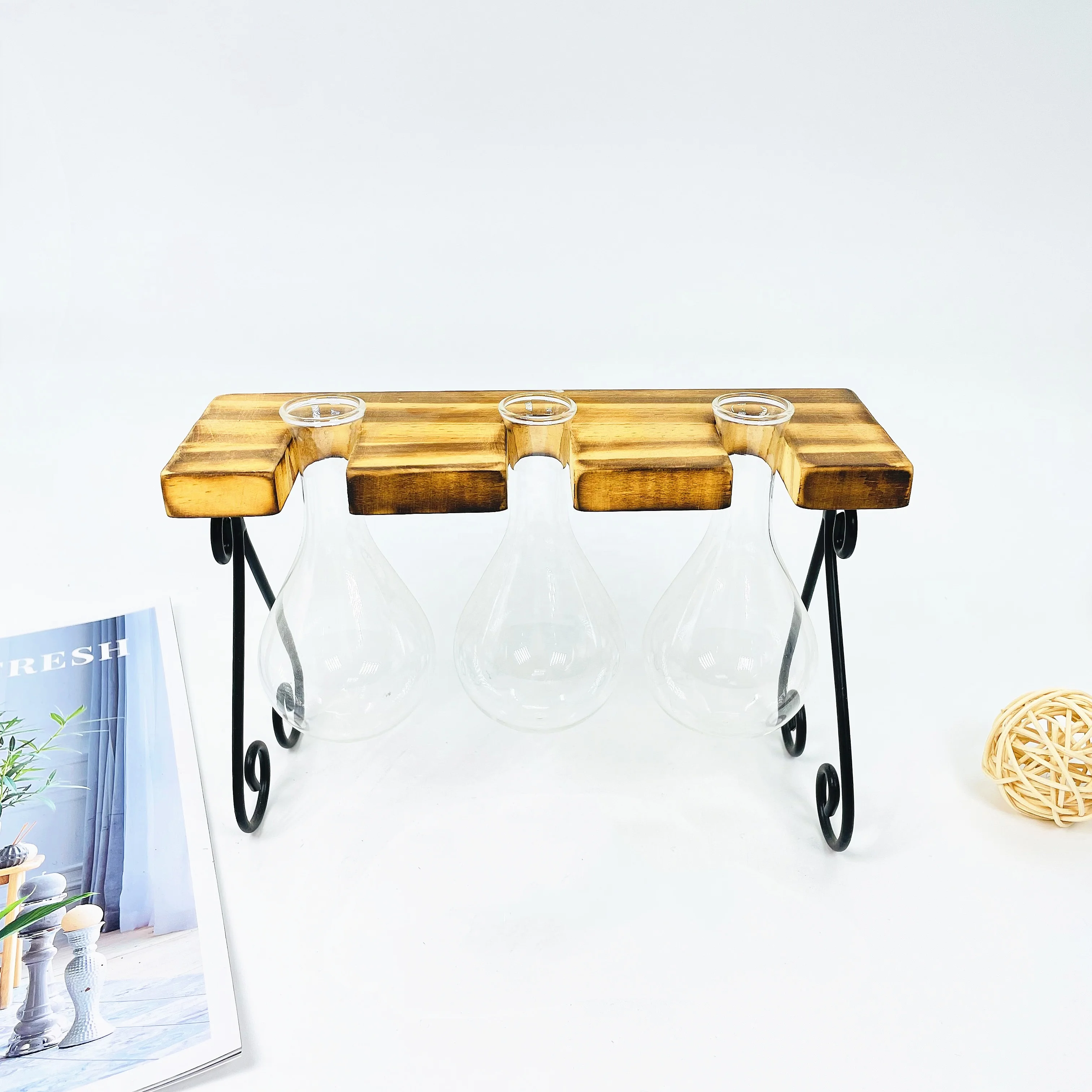 handmade glass hydroponic bottle with Wooden and metal legs for home decoration glass hydroponic vase