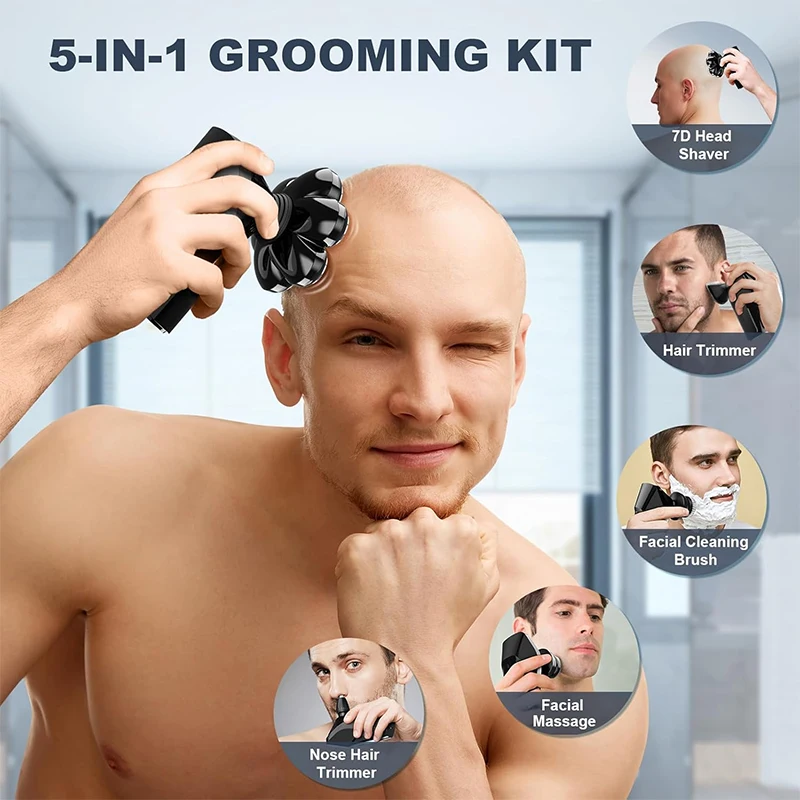 Komingdon OEM Electric Shaver Bald Men Rechargeable 5 In 1 Beard Hair Rotary Razor Waterproof Wet Dry Bald Head Shaver Machine