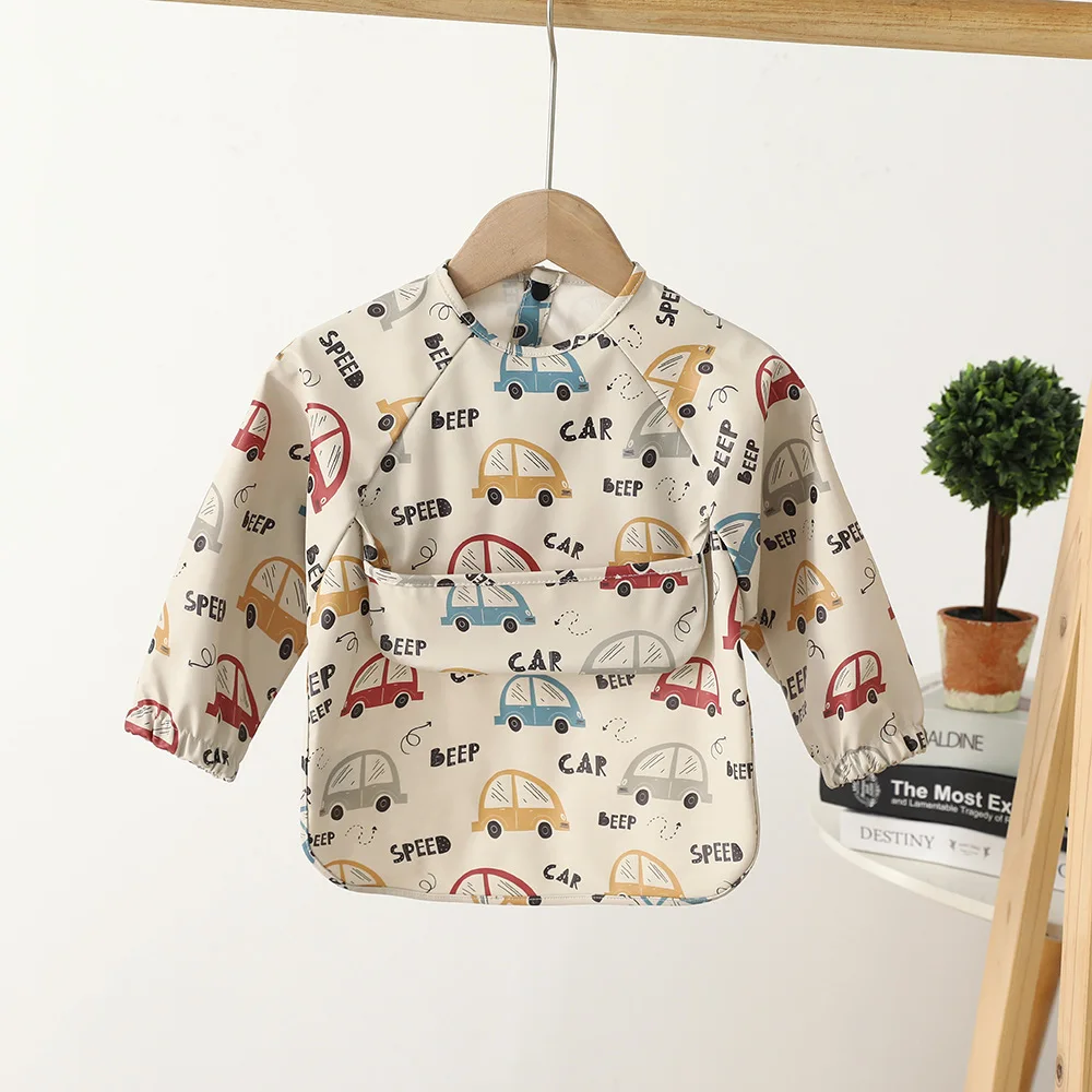 Hot Selling Custom Pattern PU Soft Fabric Easy to Wash Cute Snap Baby Bib Waterproof Feeding Long Sleeves Apron with Pocket