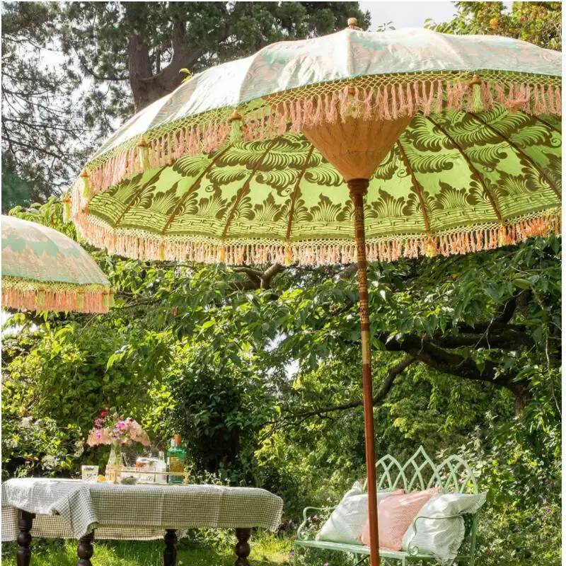 2m Vintage Furniture Handcrafted London Outdoor Garden Sun Parasol with Fringe Tassels, Boho Bali Yard Patio Poolside Umbrellas