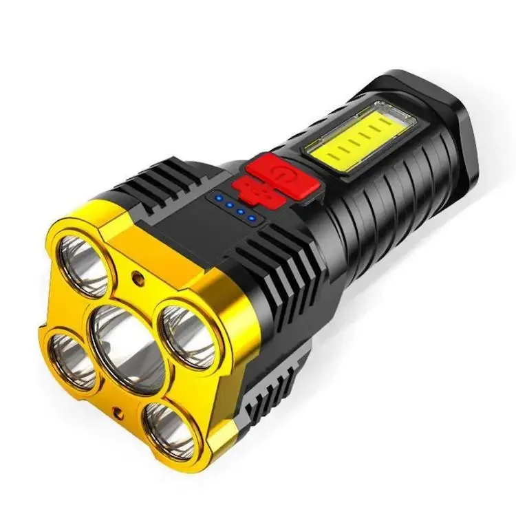 Super Bright 5 LED Flashlight with COB Side Light Spotlight Battery Display USB Charging Portable Torch Lighting Camping 50 PVC