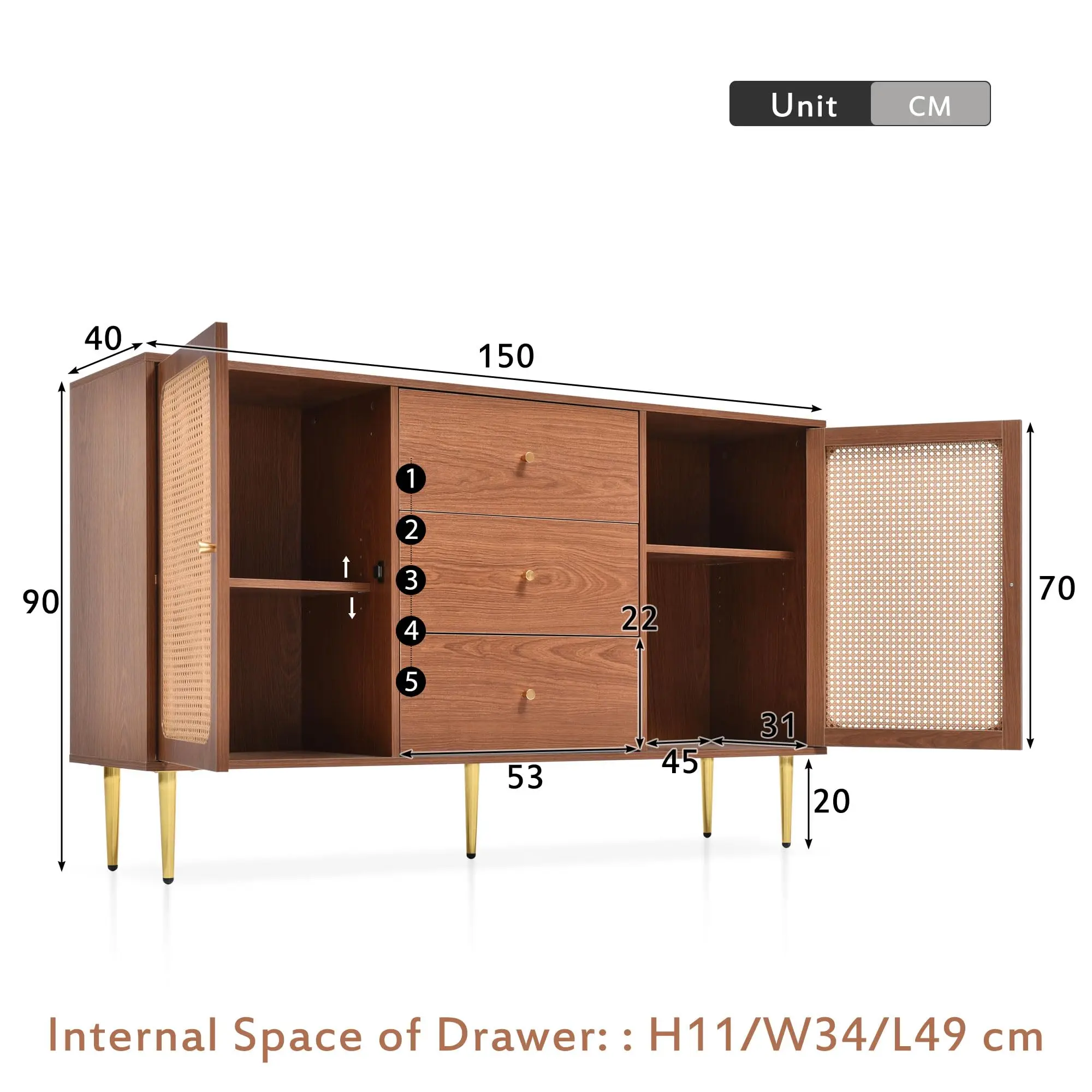 Sunrise Rattan Sideboard Cabinet for Living Room, Buffet Storage Cabinet with Rattan Decorating, Sideboard with Adjustable shelf