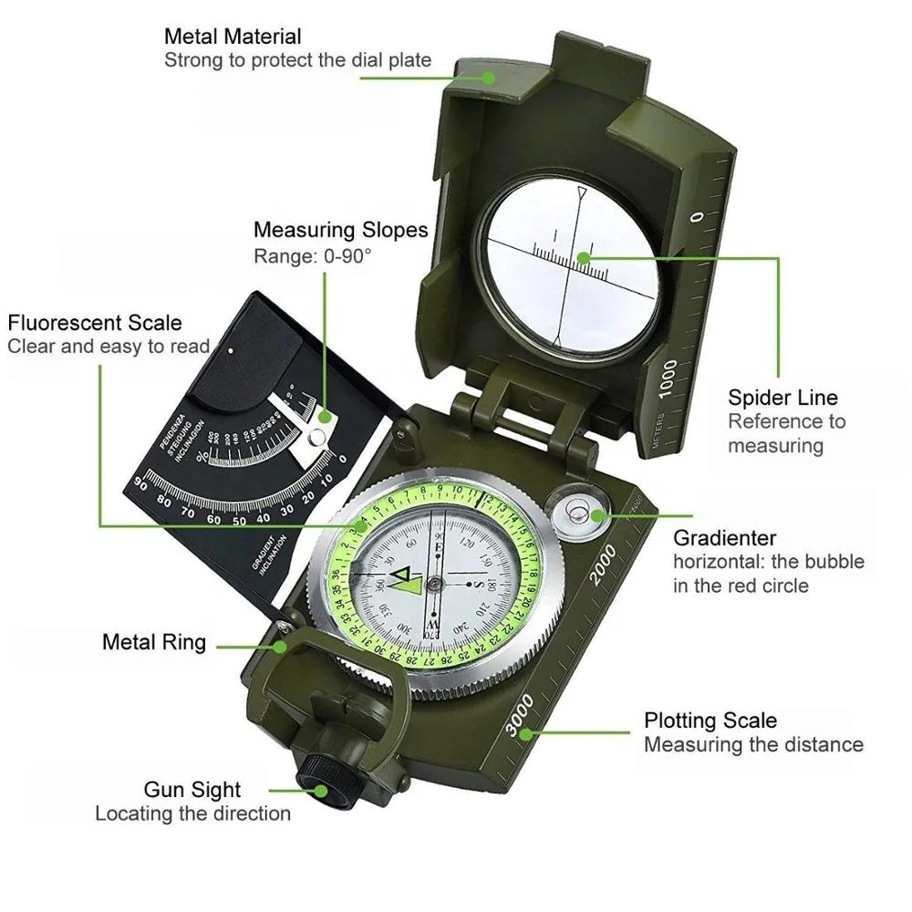 Multifunctional Compass for Hiking, Metal Waterproof High Accuracy Lensatic Compass with Clinometer for Hiking