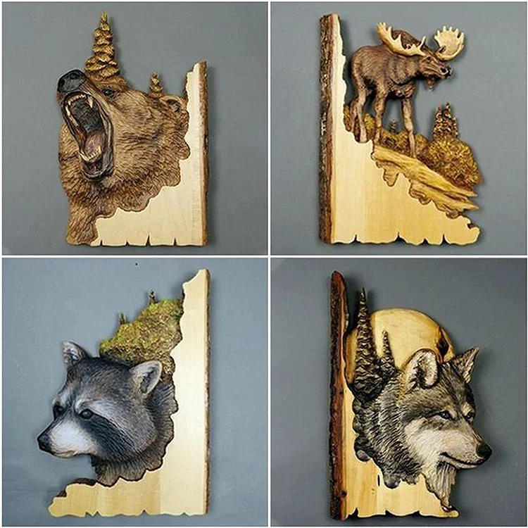 Animal Wall Decor Cabin Ornaments Wooden Animal Carving Handcraft Bear Deer Wall Hangings Pendant For Home Decorations