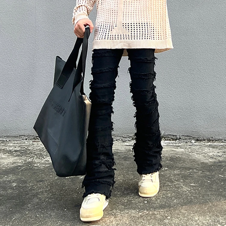 HUILI High Street Wholesale Custom Straight Leg distressed raw hem Stacked Flare jeans men
