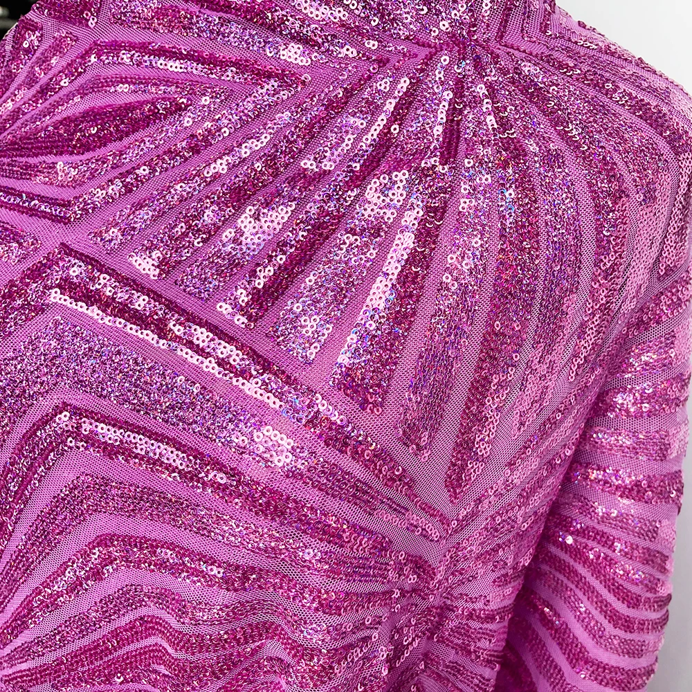 Customized Luxury French Elastic Lace Net Embroidery Cloth Diamond Pattern Rose Gold Sequin Fabric For Party Dress