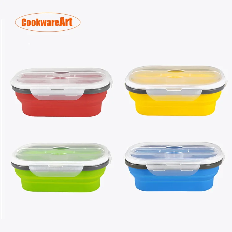New designed microwave safe food storaged box collapsible silicone food container with spoon fork silicone folding lunch box