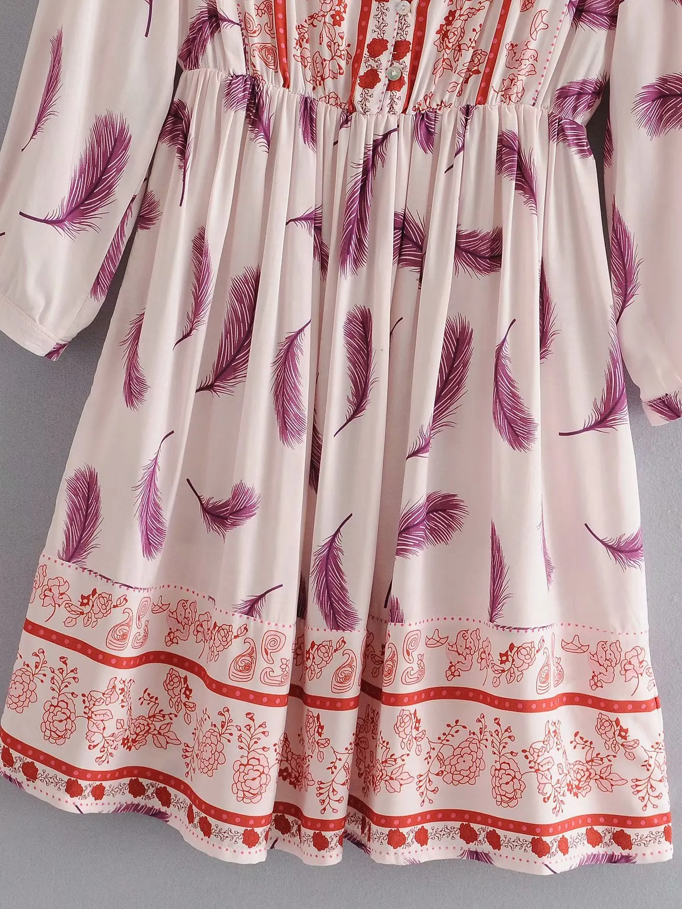 Summer New Bohemian Feather Floral printed Women Casual Dress Lady Holiday Style V-neck Button Long Sleeves Short Midi Dress