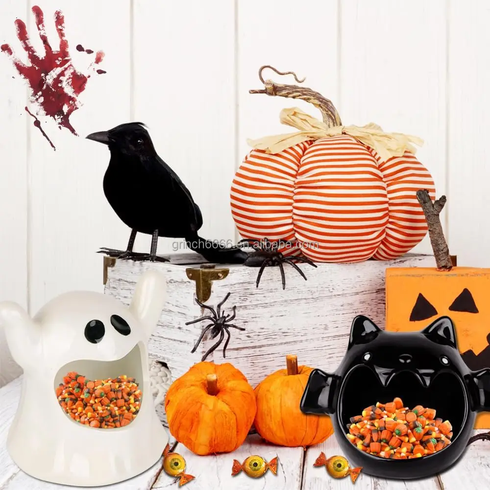 Halloween Candy Dish Candle Holder Bat Ghost Ceramic Dish for Halloween Tiered Tray Ornament Tableware Party Decor