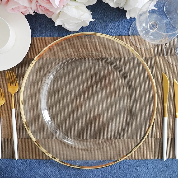 
Wedding party gold rim clear glass charger plate for table decoration 