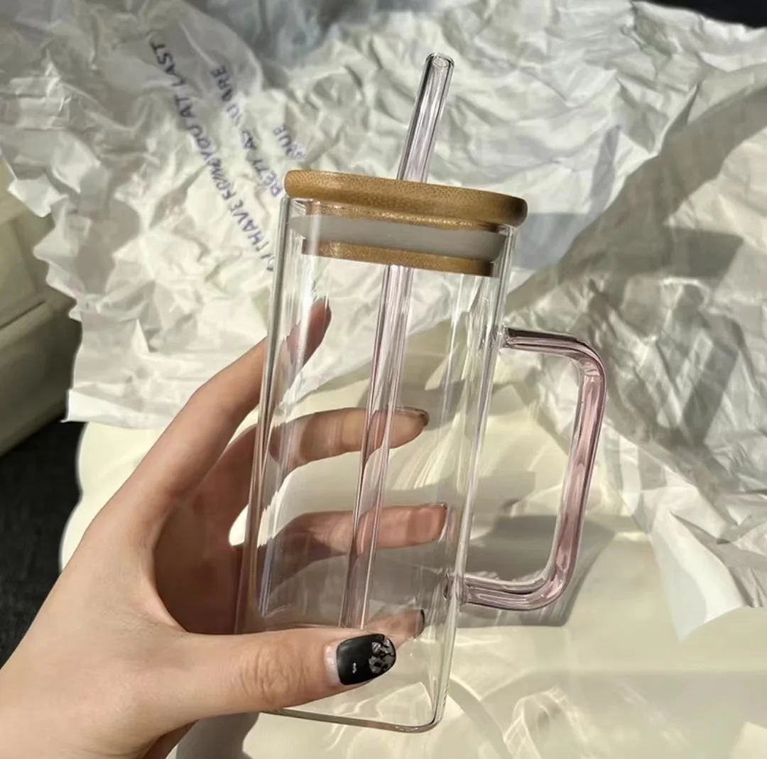 Square glass bottle with handle household high-value straw glass bottle female heat-resistant flat-bottomed heatable bottle
