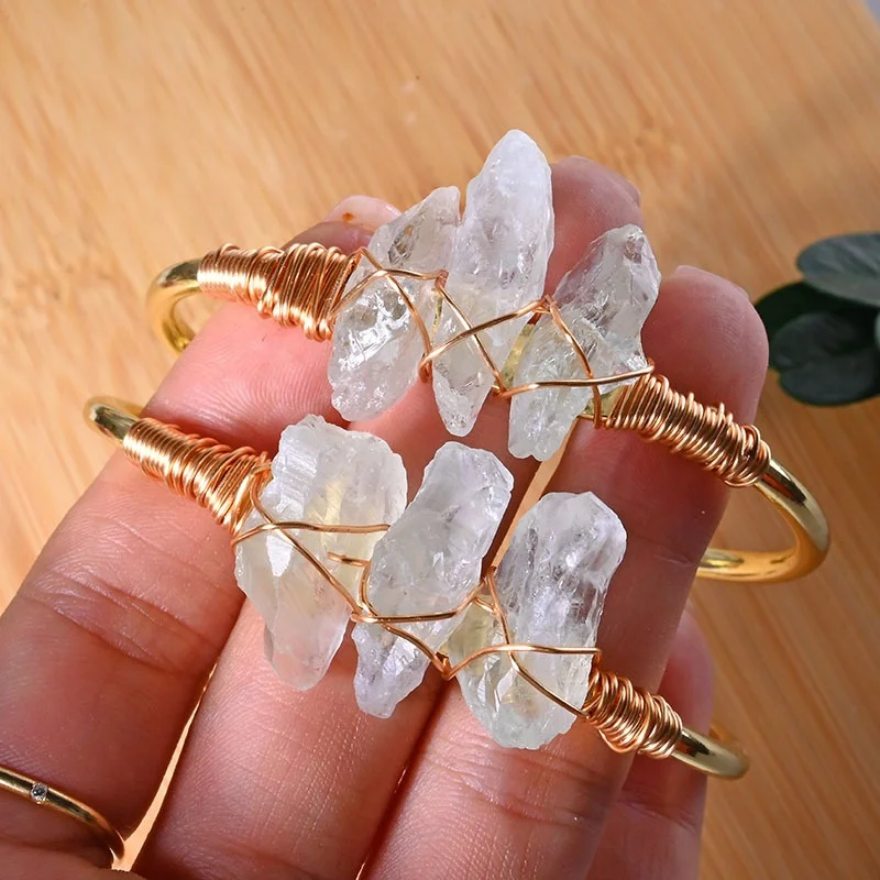 PJ-C126 Natural stone bangle clear quartz crystal bangle bracelet, amazing quartz jewelry gold plated wire wrapped women jewelry
