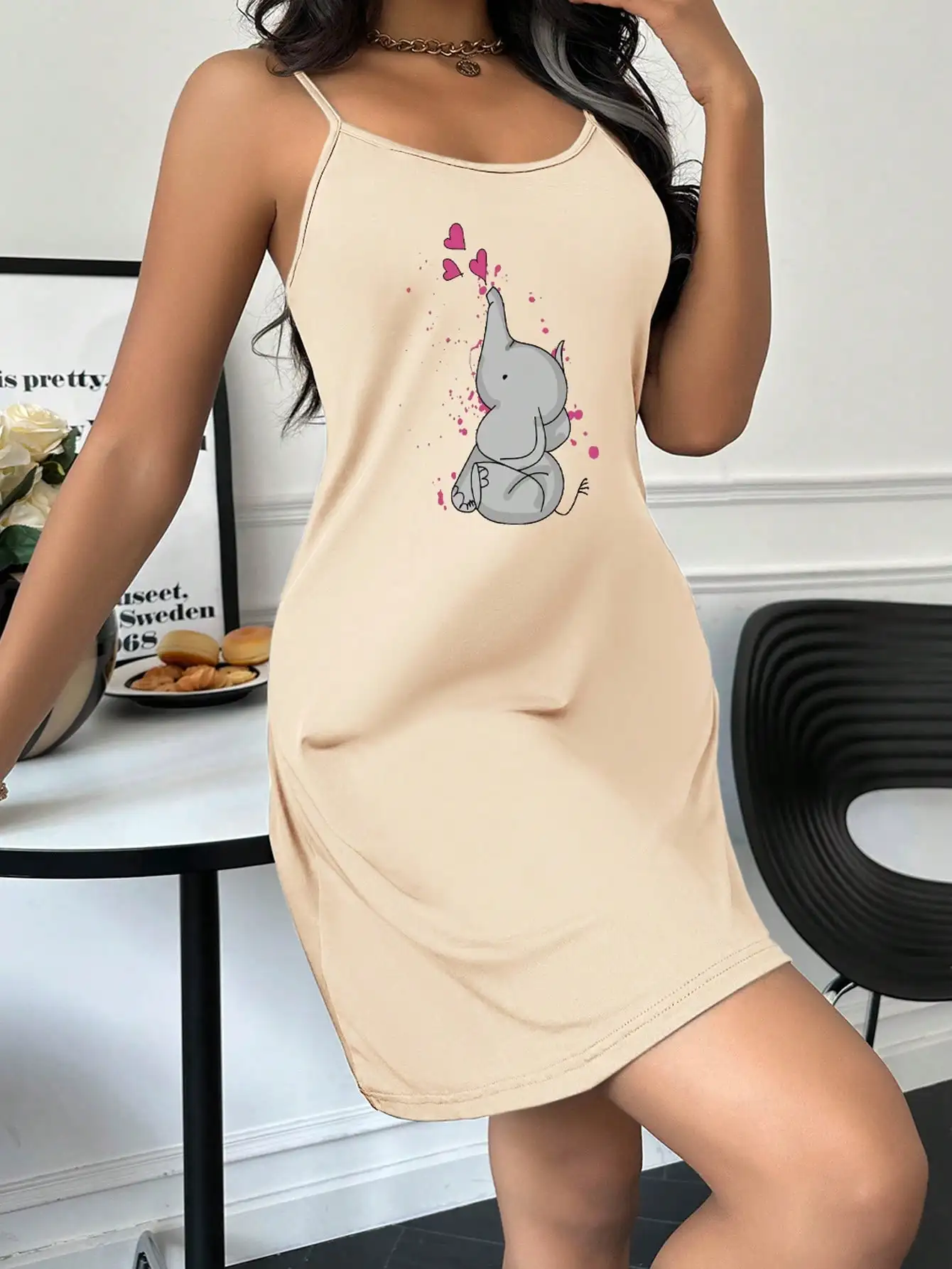 New Design Cute Lounge Wear Night Dresses for Woman Summer Sleepwear Soft Elephant Printed Lovely Nightgowns For Women