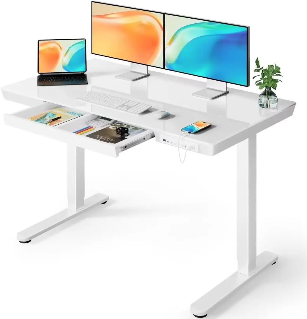 48x24 Inch Height Adjustable Electric Standing Desk with Glass Top and Drawer Charging Ports Home Office Sit-Stand Desk