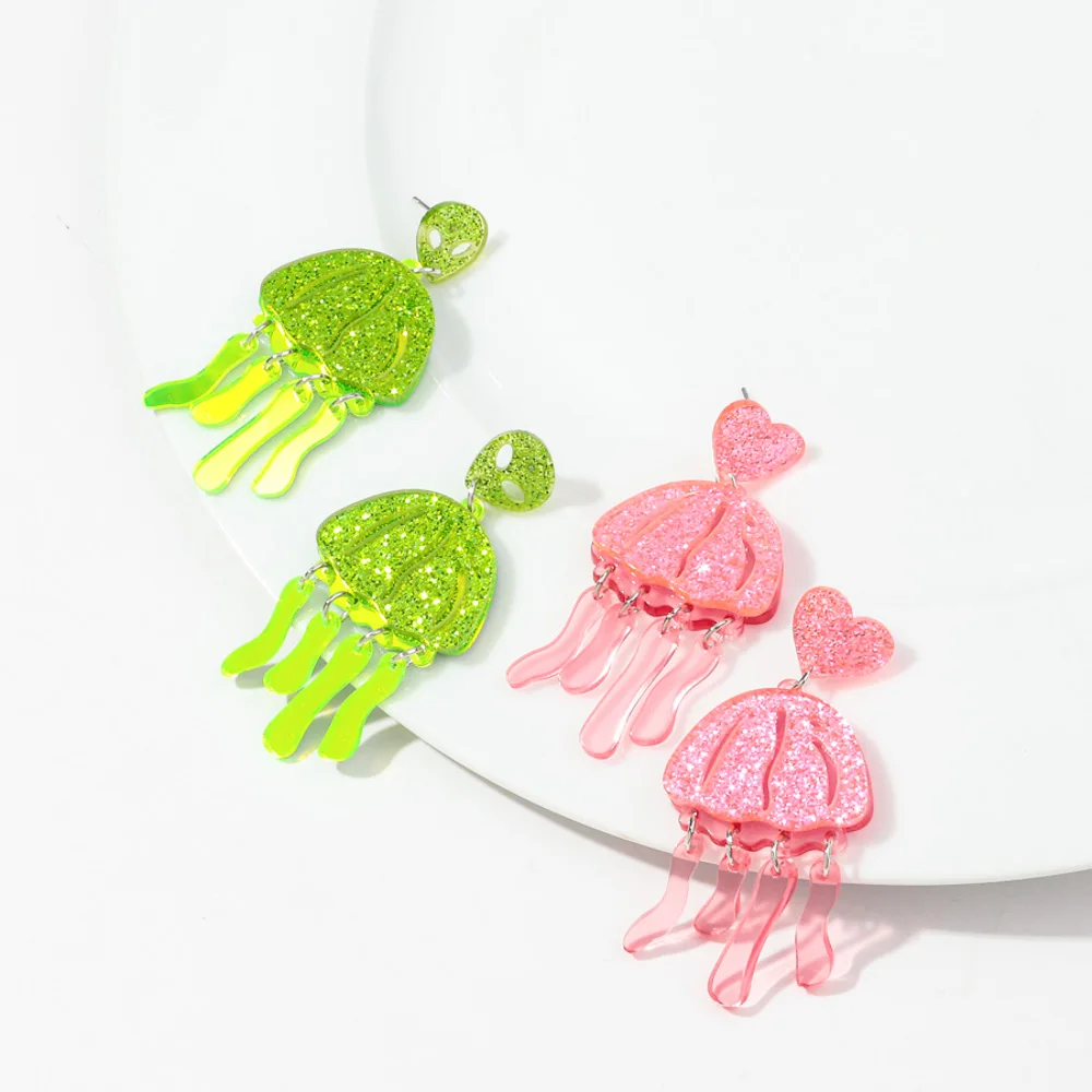 Fashion Sweet Girl Gift Colorful Glitter Umbrella Cartoon Jellyfish Green Tassel Pendant Pink Heart Acrylic Drop Earrings 2024