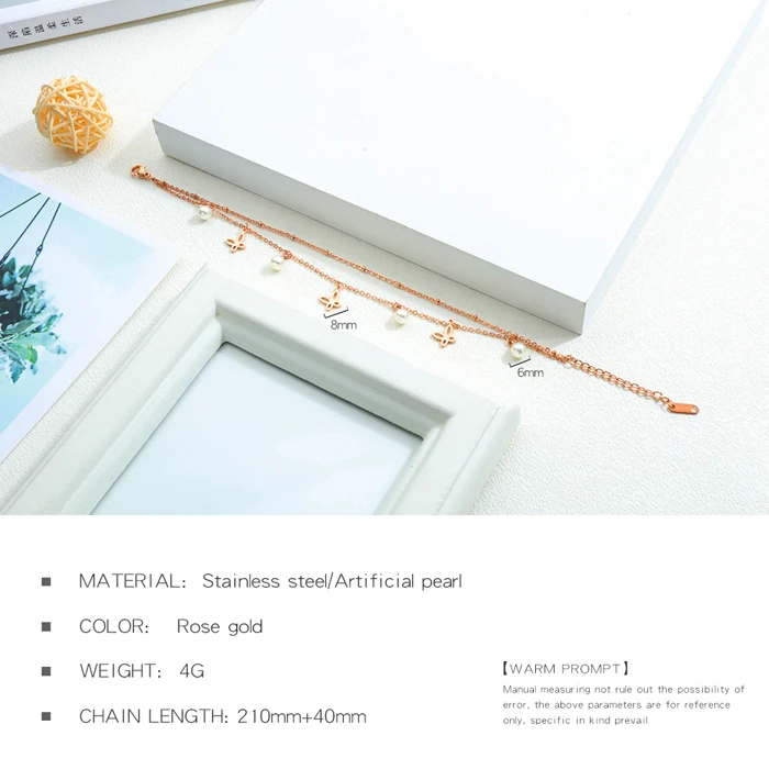 Stainless Steel Rose Gold Plated Charm Pearl And Butterfly Anklet for Women