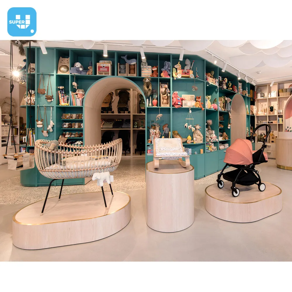 Customized Kids Shop Interior Design Baby Clothes Store Furniture Trendy Wooden Clothing Display Rack