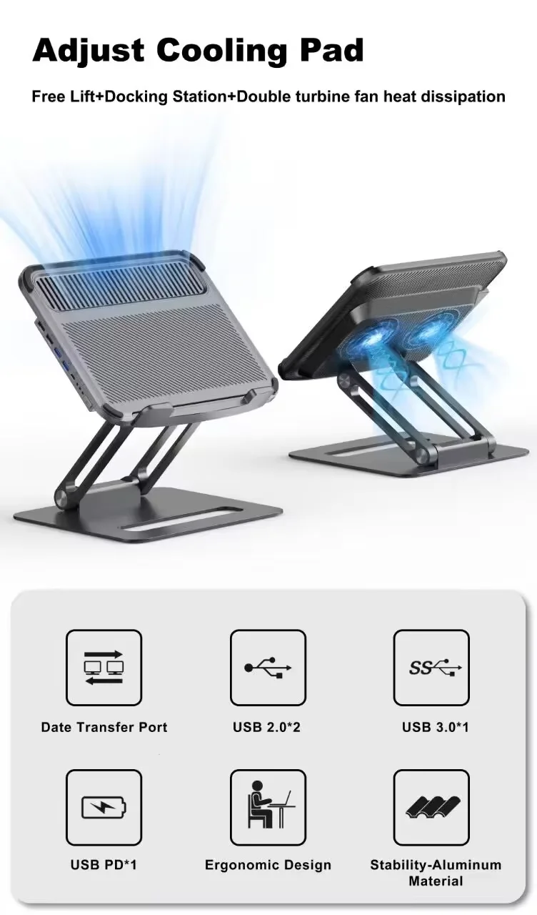 Great Roc OEM Hot-selling laptop stand with cooling fan fit to 17 inch device metal heat dissipation laptop stand with usb hub