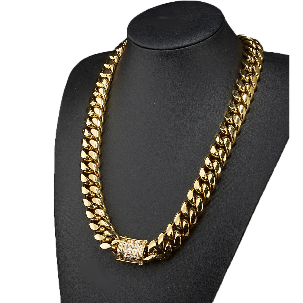 12mm Cuban Link Chain Colar de Corrente de Aco Inoxidavel com Fivela de Ouro Zirconio Colar de Corrente Cubano