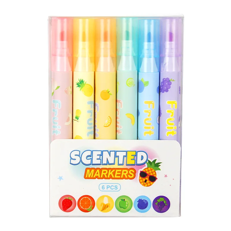 Scented Fruit Markers Set - 6 Vibrant Colors Highlighters, Non-Toxic, Ideal for Kids, School, and Crafting