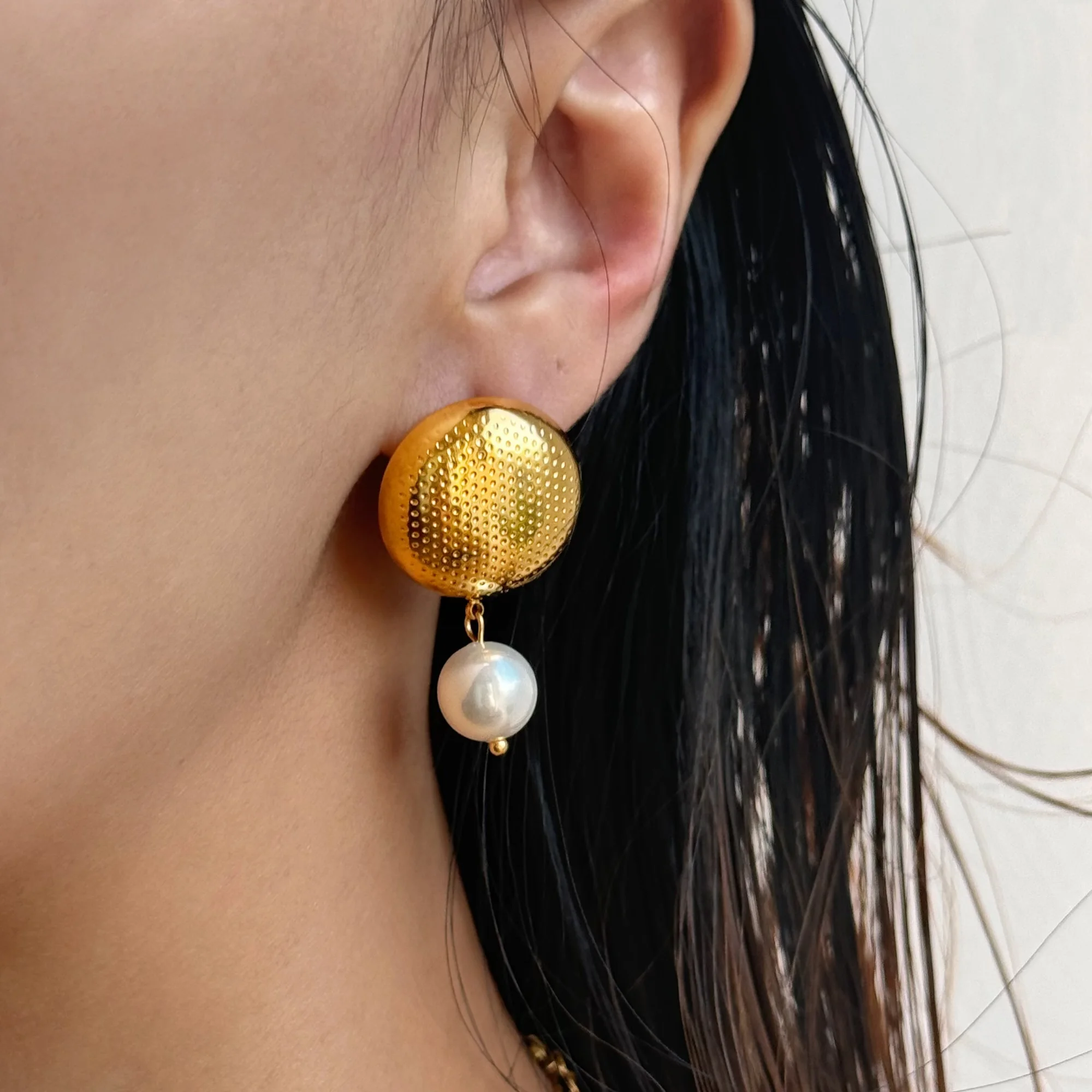 Dazan New Hot INS Trendy 18k Pvd Gold Plated Stainless Steel Vintage Pearl Pendant Chunky Mesh Earrings Fancy Dancer Jewellery